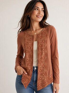 LOGO Lavish Cotton Rust beautiful embroidered front panels Boho Cardigan XS